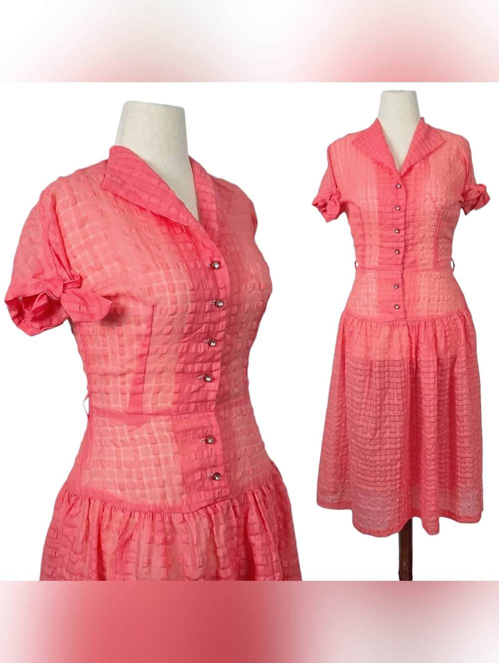 1950s Vintage Dress 50s Seersucker Sheer Midi Coral Pink Medium Fit N Flare Vtg